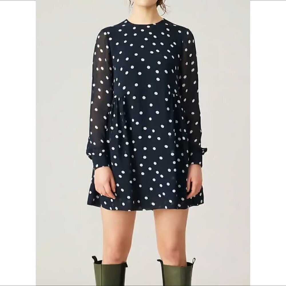 GANNI Georgette mini dress navy blue white polka dot long sleeve Preppy 34 2